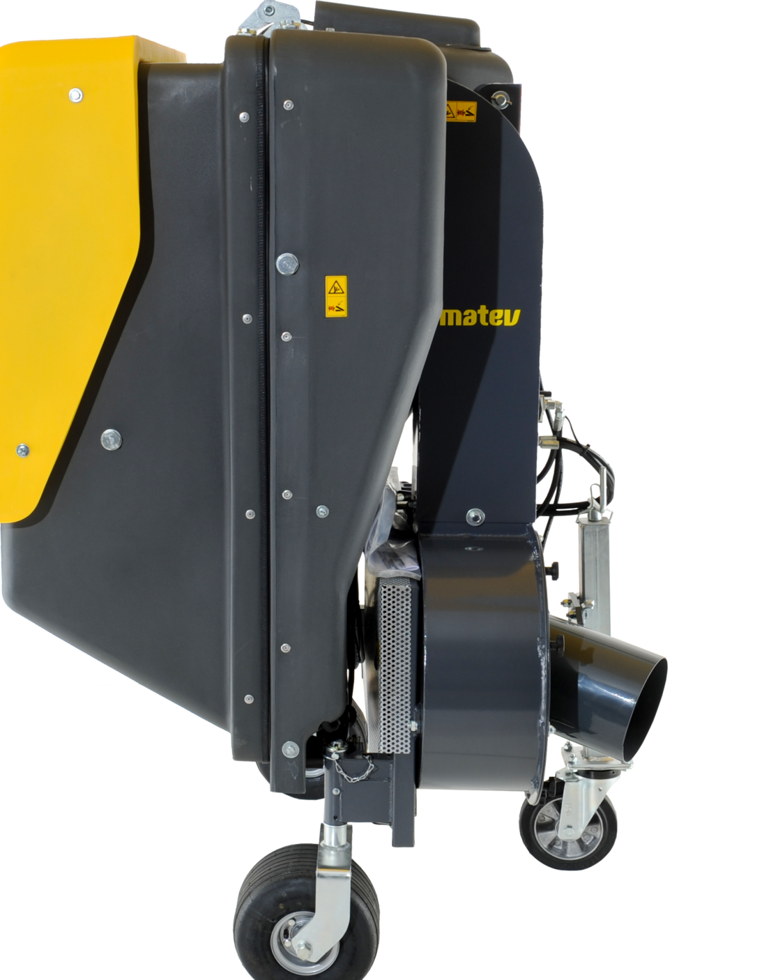 Materialaufnahmegerät CLS-850 SE von matev in Seitenansicht – Kompaktes und leistungsstarkes Gerät in Schwarz mit gelben Abdeckungen, ausgestattet mit stabilen Lenkrollen und einer robusten Ansaugöffnung für effiziente Materialaufnahme.