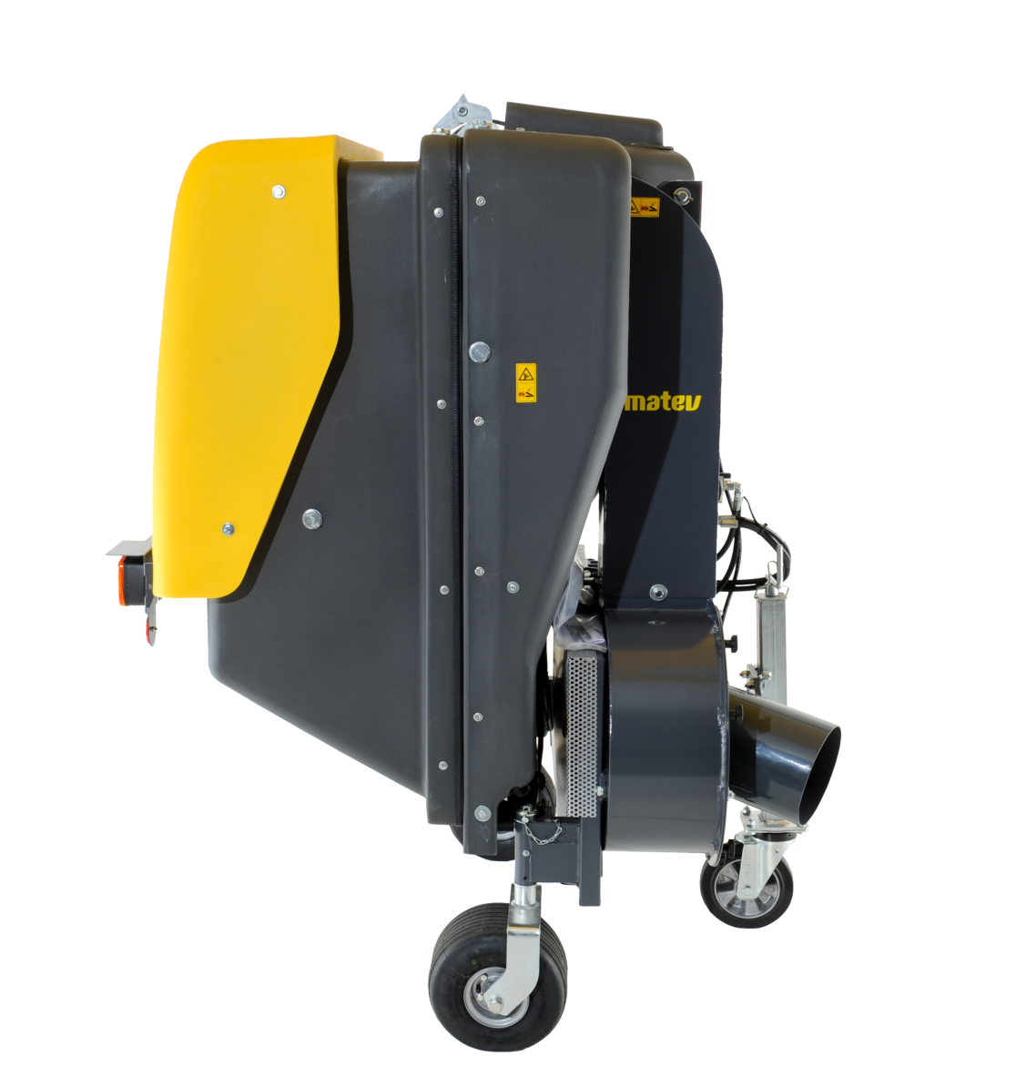 Materialaufnahmegerät CLS-850 SE von matev in Seitenansicht – Kompaktes und leistungsstarkes Gerät in Schwarz mit gelben Abdeckungen, ausgestattet mit stabilen Lenkrollen und einer robusten Ansaugöffnung für effiziente Materialaufnahme.
