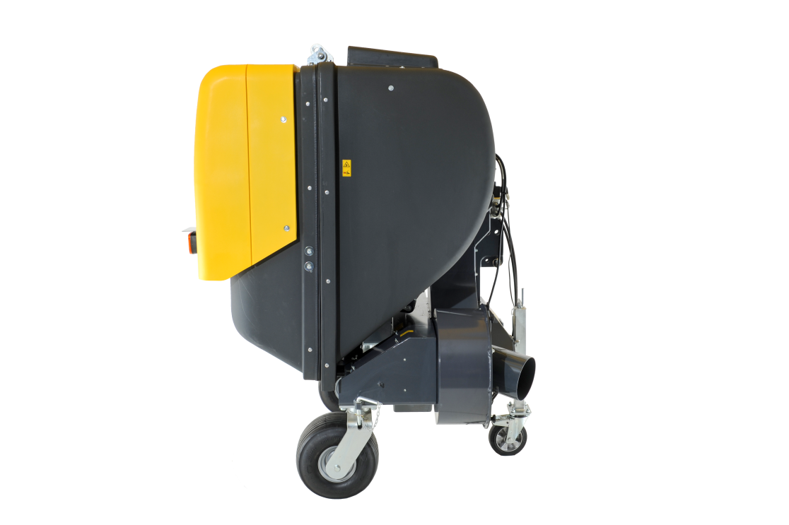 Materialaufnahmegerät CLS-1350 XE von matev in Seitenansicht – Das Gerät zeigt eine robuste Konstruktion in Schwarz mit gelben Abdeckungen und stabilen Rollen für den flexiblen Einsatz.