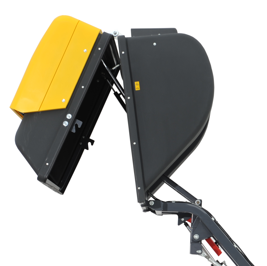 eitenansicht des matev CLS-H 1350 XE Materialaufnahmegeräts mit hochklappbarer Behälterfunktion und stabiler Hubkinematik, ideal für professionelle Anwendungen in der Grünflächenpflege.